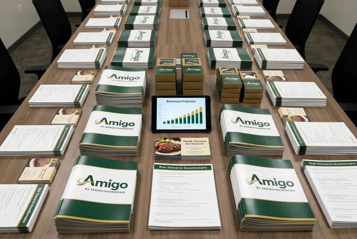 A generic advisor's office conference table covered with identical marketing materials—glossy brochures, steak-dinner invi...