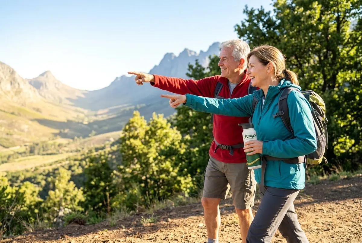 A 60-year-old man and woman hiking together on a mountain trail in bright morning sunlight, smiling and energized, the wom...