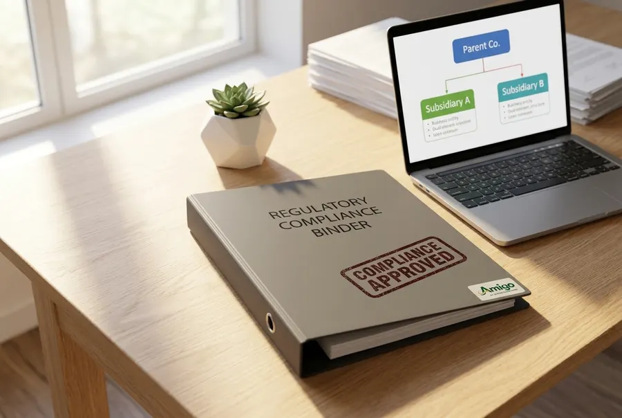 A closed regulatory binder stamped 'Compliance Approved' sits on a clean desk next to a laptop displaying a dual-entity bu...